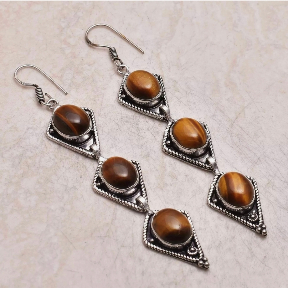 New Amazing Tiger Eye 925 Silver Dangle Earrings.